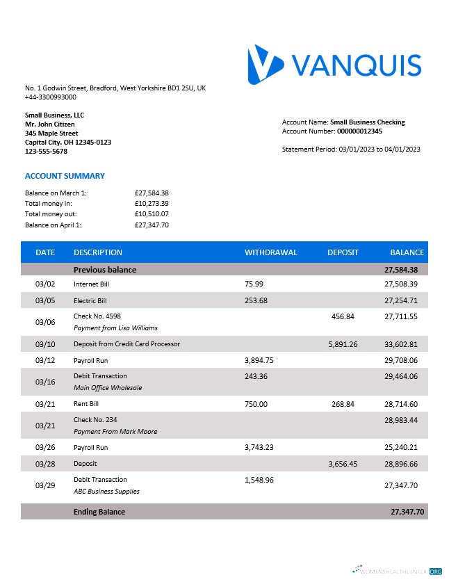 Download Vanquis Bank organization account statement Word and PDF template Photoshop template